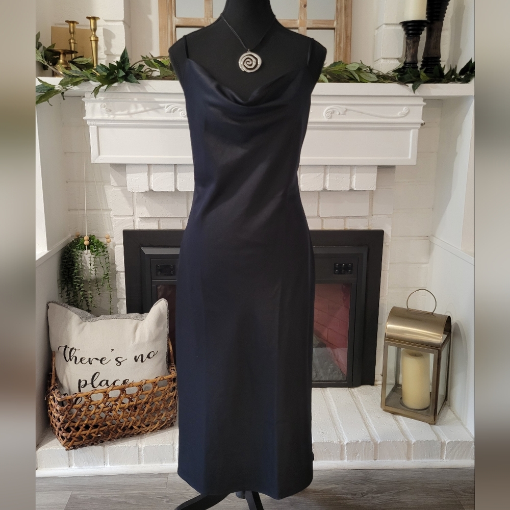 Carbon38 Black Satin Cowl Neckline Slip Midi Dress Size Xs